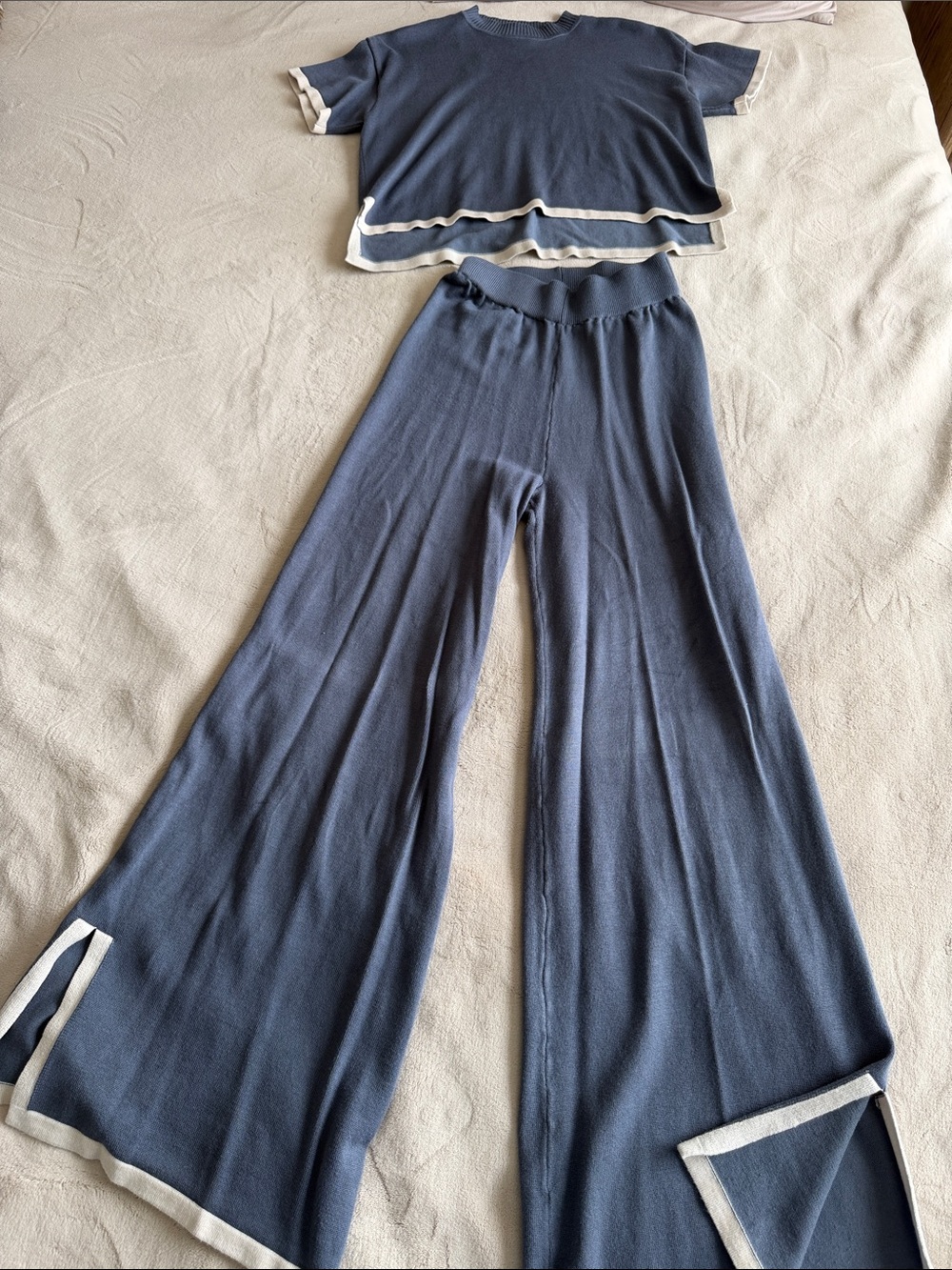 Sincerely Jules Blue Knit Wide-Leg Pantsuit with White Trim